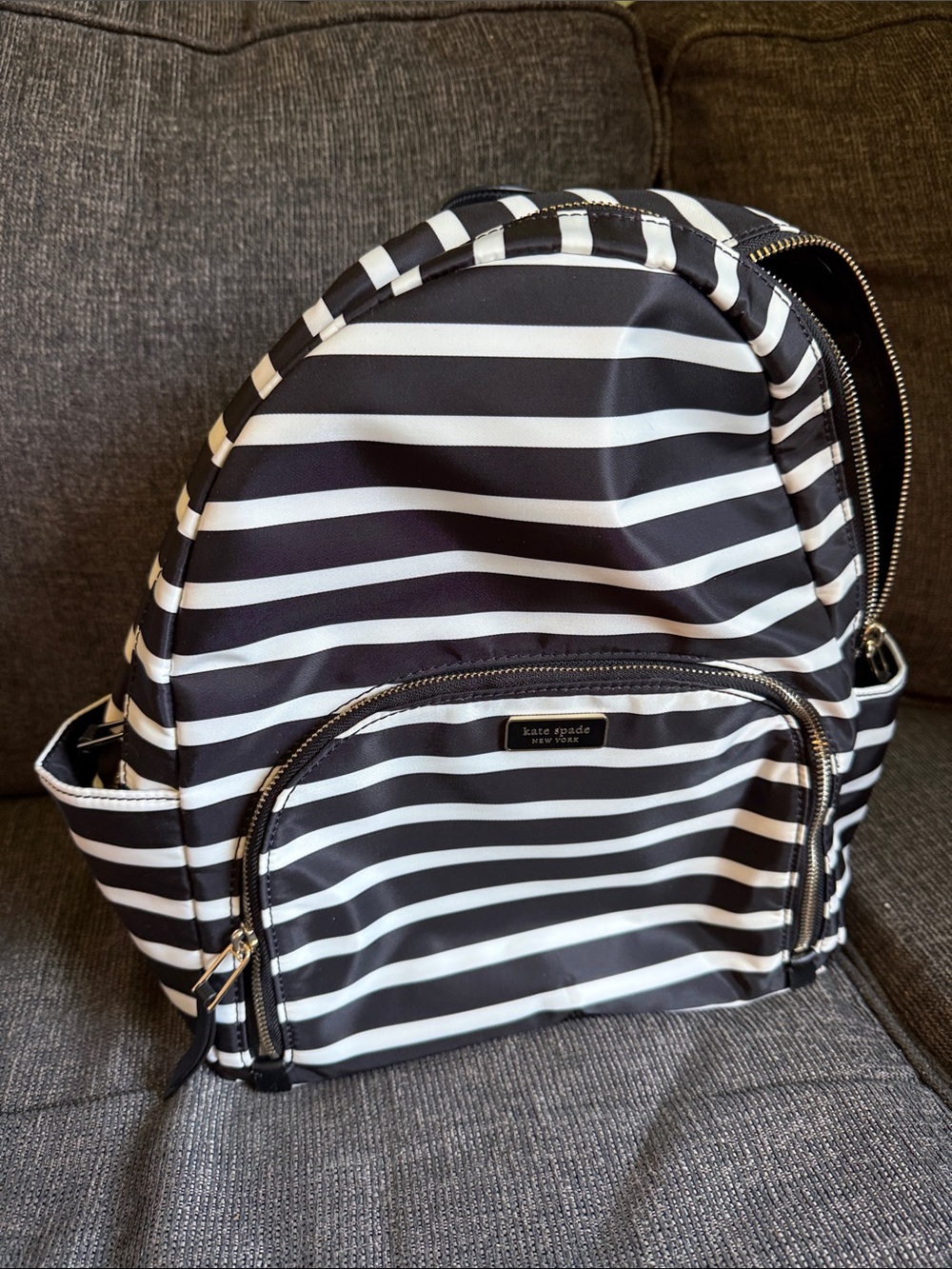 kate spade Black and White Striped Nylon Backpack